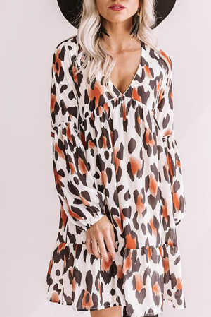 Leopard Print Long Sleeve Ruffle Babydoll Dress a1c1d