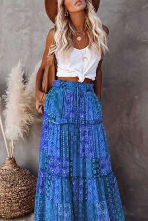 Tiered Paisley Print Pocketed Maxi Skirt a404f