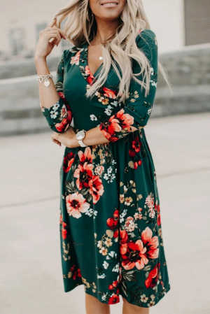 Green Floral 3/4 Sleeve Wrap Dress cd6c3