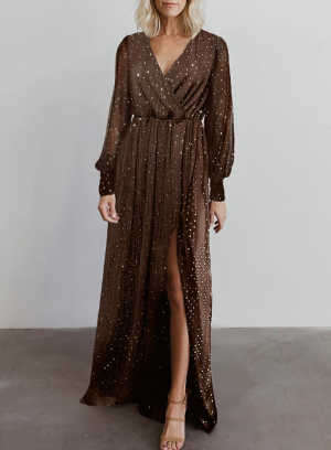 Brown Side Split Rhinestone V Neck Maxi Dress 61c07