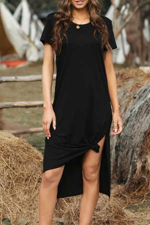 Black Casual Short Sleeve T-shirt Midi Dress with High Splits 1e152