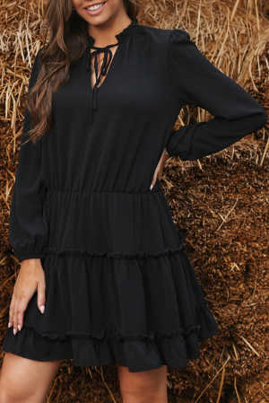 Black V Neck Long Sleeve Ruffle Tiered Mini Dress 8369c