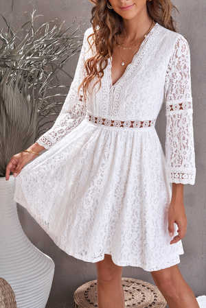 White Lace V Neck See-through Sleeve Mini Dress bb07f