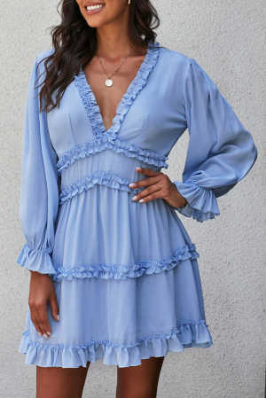 Sky Blue V Neck Ruffle Detailing Open Back Dress 73000