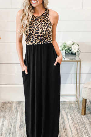 Sleeveless Leopard Bodice Maxi Dress with Pockets a2432