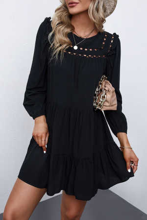 Black Crewneck Lantern Sleeve Hollow-Out Tiered Dress with Pocket 14b86