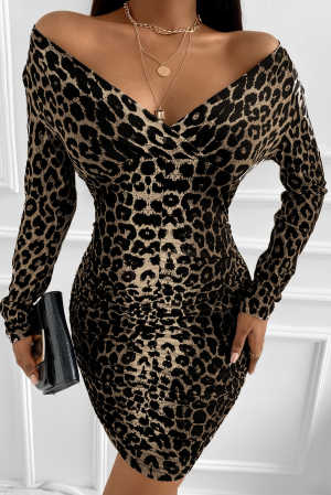 Leopard Off Shoulder Long Sleeve Bodycon Mini Dress 133bb