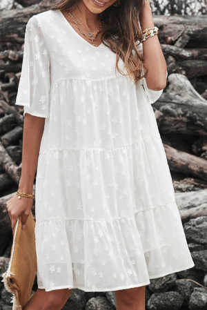 White V Neck Tiered Babydoll Lace Dress d37e1