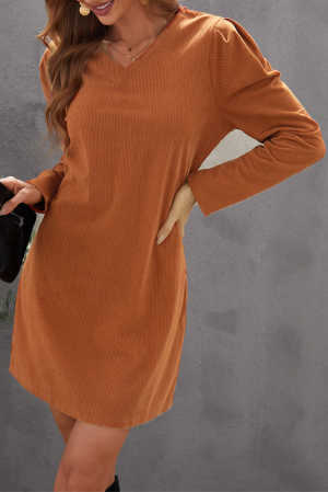 Brown Long Puff Sleeve Ribbed Mini Dress 61784