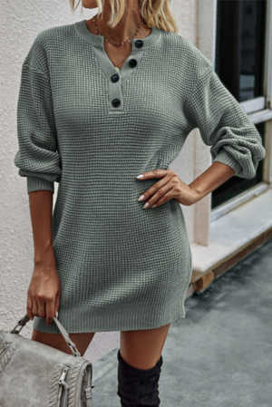 Gray Buttoned Notched Neck Drop Shoulder Waffle Knit Sweater Dress a84ef