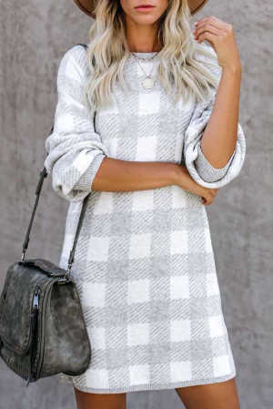 Gray Gingham Balloon Sleeve Sweater Dress 4092c