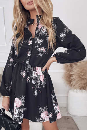 Black Floral Print Elastic Waist Button Mini Dress 9c012