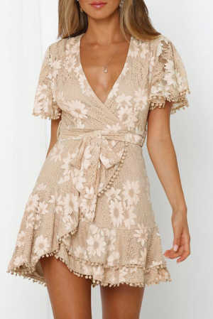 Apricot Flutter Sleeve Wrap V Neck Floral Lace Short Dress d9ef0