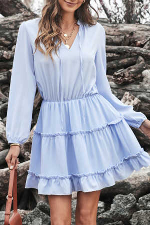 Light Blue V Neck Long Sleeve Ruffle Tiered Mini Dress ece62