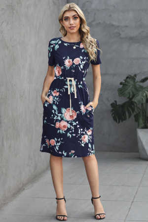 Blue Short Sleeve Pocketed Drawstring Casual Floral Dress f679b