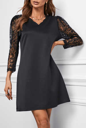 Scalloped V Neck Lace Sleeve Splicing Shift Mini Dress 3962f