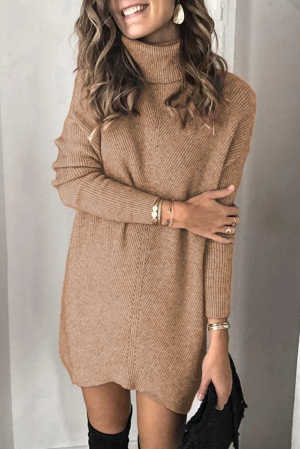 Brown Turtleneck Long Sleeve Knitted Sweater Dress 998a4