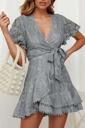 Gray Flutter Sleeve Wrap V Neck Floral Lace Short Dress e3f10