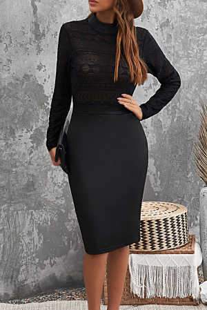 Black High Neck Lace Midi Dress 349c1