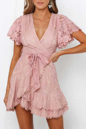 Pink Flutter Sleeve Wrap V Neck Floral Lace Short Dress ae1bd