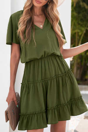 Green V Neck Ruffled Swing Mini Dress 0fda9