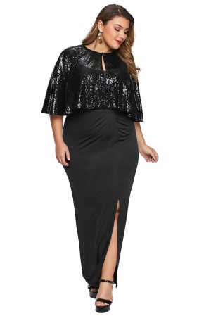 Black Sequin Cape Plus Size Maxi Dress faca2