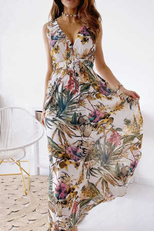 White Floral Printed V Neck Open Back Sleeveless Maxi Dress e2658