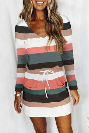 Stripe Print Colorblock Tie Waist Dress with Pocket 37fc3