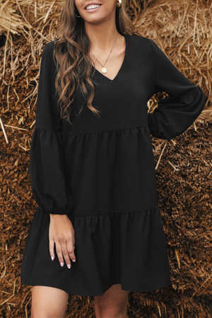 Black Ruffle V-Neck Flowy Loose Tunic Dress 7b7e3