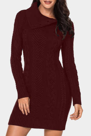 Asymmetric Buttoned Collar Burgundy Bodycon Sweater Dress 20c55