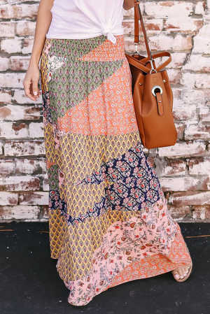 Orange Boho Print Tie-Up Waist Long Maxi Skirt 4d1ed