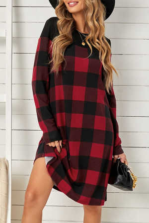 Buffalo Plaid Splicing Long Sleeve Mini Dress 7c23f