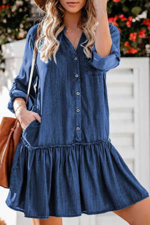 Pocketed Ruffled Denim Shirt Mini Dress 3c56c