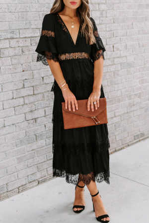 Black Swiss Dot Print See-through Lace Patch Layered Long Dress fc9d5