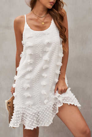 White Spaghetti Straps Jacquard Ruffle Mini Dress 22a95