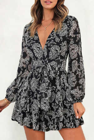 Black V Neck Baggy Sleeve Waist Tie Double Layer Ruffle Hem Floral Print Short Dress 2c73f