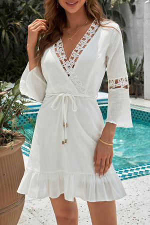 White Surplice V Neck Lace Trim A-line Ruffle Dress with Belt 7a582