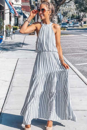 Halter Neck Sleeveless Cutout Tiered Striped Maxi Dress a4ff9