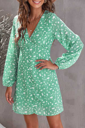 Green Polka Dot Print V Neck Mini Dress 7ab00