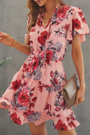 Pink Floral Print Split Neck Flutter Sleeve Flowy Tunic Mini Dress bc0f6