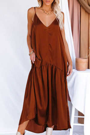 Brown Spaghetti Strap Ruffled Satin Maxi Dress 34cce