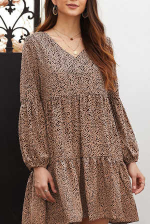 Brown Leopard Ruffle V-Neck Flowy Loose Tunic Dress 5a13e