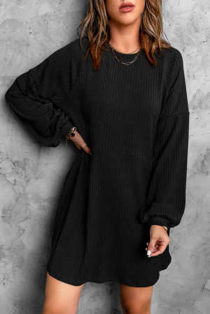 Black Round Neck Empire Waist Ribbed Knit Dress acdea