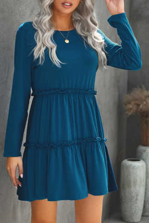 Blue Long Sleeve Ruffled Solid Swing Mini Dress 1ab90