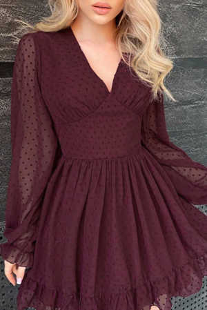 Wine Red V Neck Lantern Sleeve Swiss Dot Mini Dress cd7d7