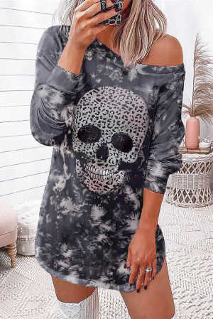 Tie Dye Leopard Skull Long Sleeve Mini Dress 17319