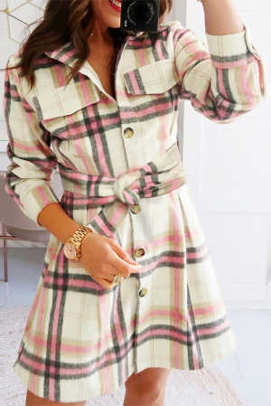 Pink Plaid Button Pocket Shirt Mini Dress 4015b