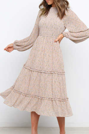 Apricot Ruffled Neck Lantern Sleeve Tiered Floral Dress 411cf