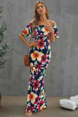 Navy Blue Roses Print Off-the-shoulder Maxi Dress 62f42