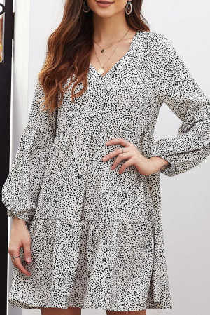 White Leopard Ruffle V-Neck Flowy Loose Tunic Dress ee39c